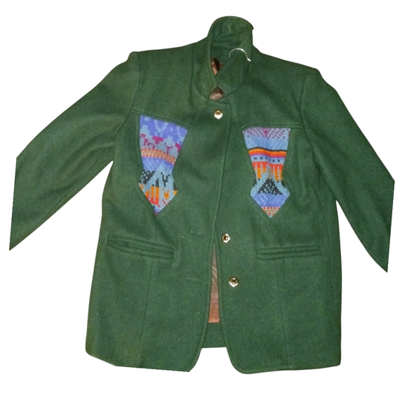 Wool Blend Coat Green Pea  Button Sz Medium Aztec Stitch Front Back - Picture 2 of 9